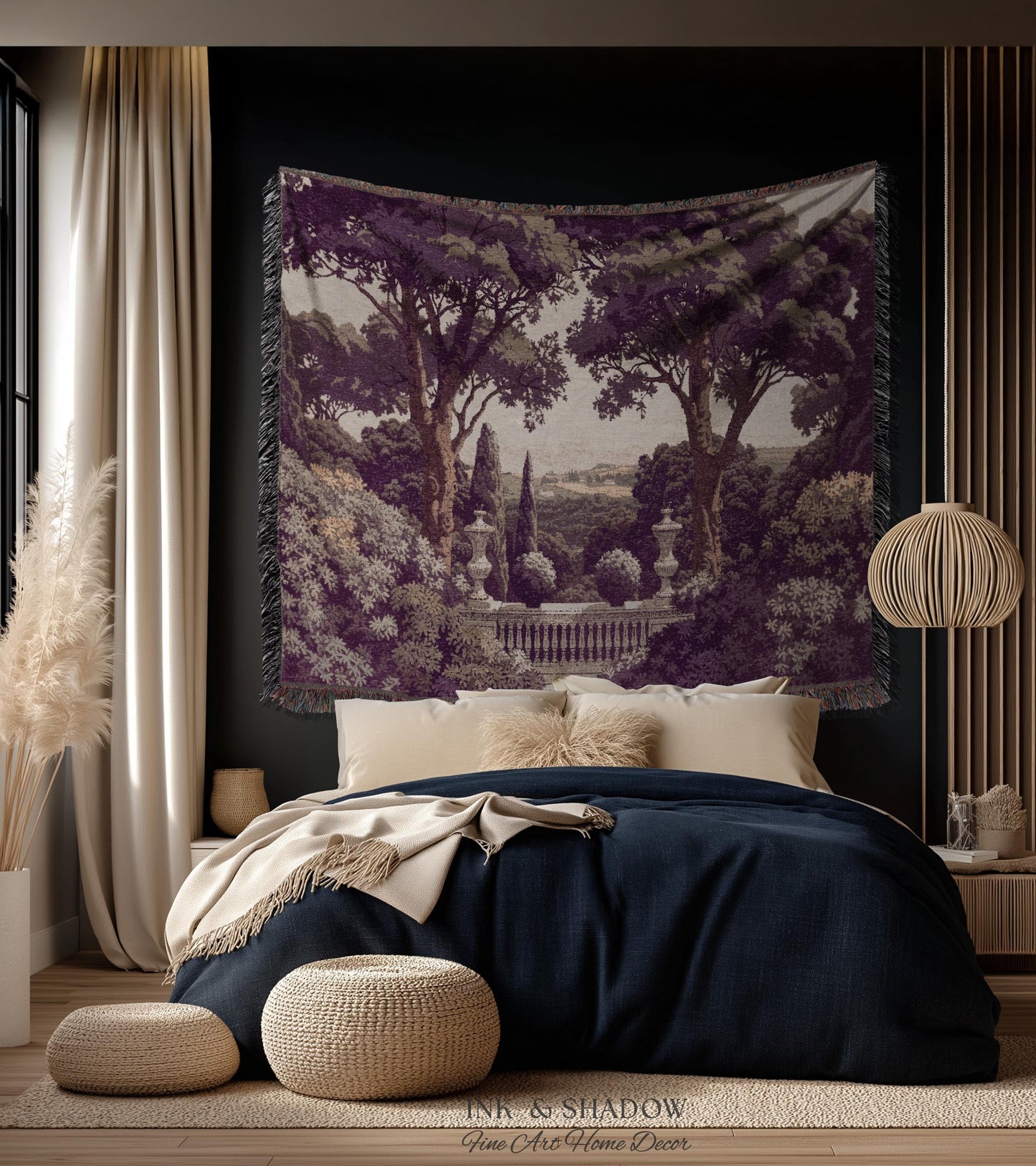Mediterranean Villa Romantic Landscape Tapestry Throw | Pastoral Countryside Vintage Terrace Dark Romantic Jacquard Woven Classical Blanket
