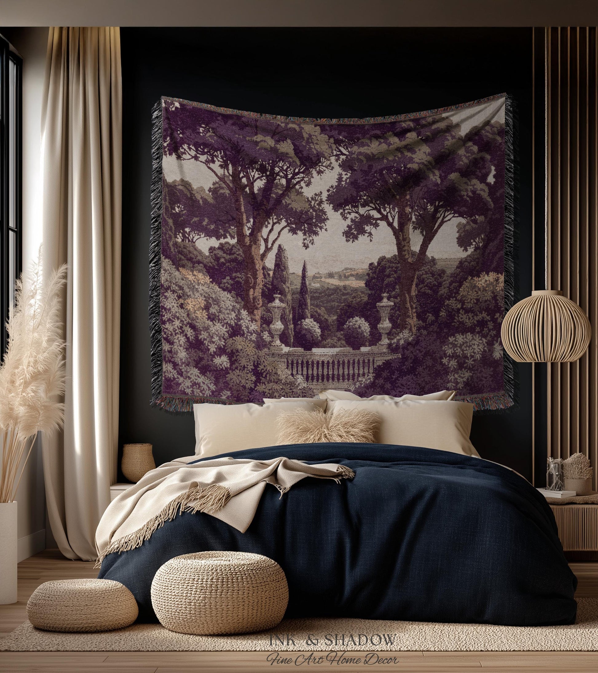Mediterranean Villa Romantic Landscape Tapestry Throw | Pastoral Countryside Vintage Terrace Dark Romantic Jacquard Woven Classical Blanket