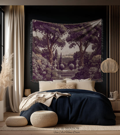 Mediterranean Villa Romantic Landscape Tapestry Throw | Pastoral Countryside Vintage Terrace Dark Romantic Jacquard Woven Classical Blanket