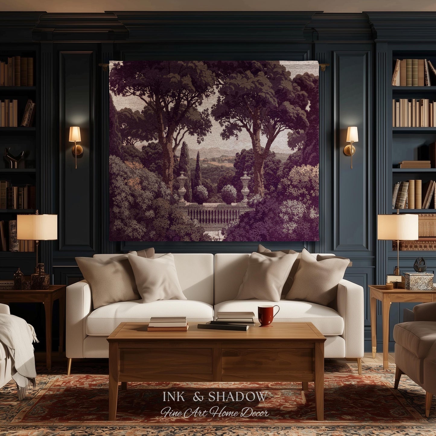 Mediterranean Villa Romantic Landscape Tapestry Throw | Pastoral Countryside Vintage Terrace Dark Romantic Jacquard Woven Classical Blanket
