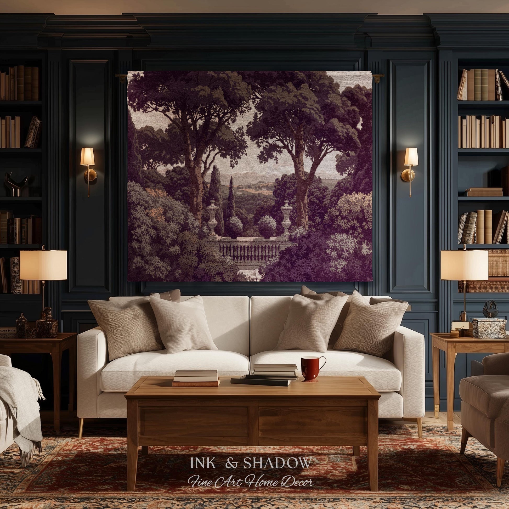 Mediterranean Villa Romantic Landscape Tapestry Throw | Pastoral Countryside Vintage Terrace Dark Romantic Jacquard Woven Classical Blanket