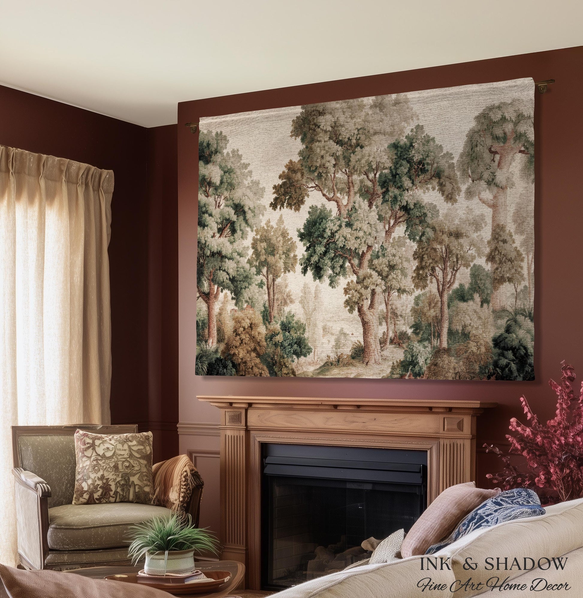 Misty Forest Verdure Tapestry Woven Wall Art | Painterly Tree Scene Classic European Throw Blanket French Country Woodland Interior Accent