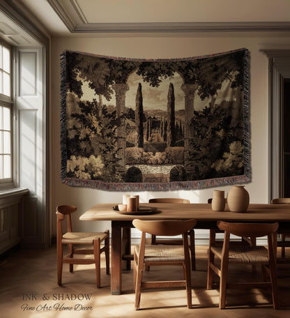 Italian Garden Scene Villa Landscape Woven Throw, Tuscan Archway Wall Art Jacquard Tapestry Blanket Serene Countryside Mediterranean Decor