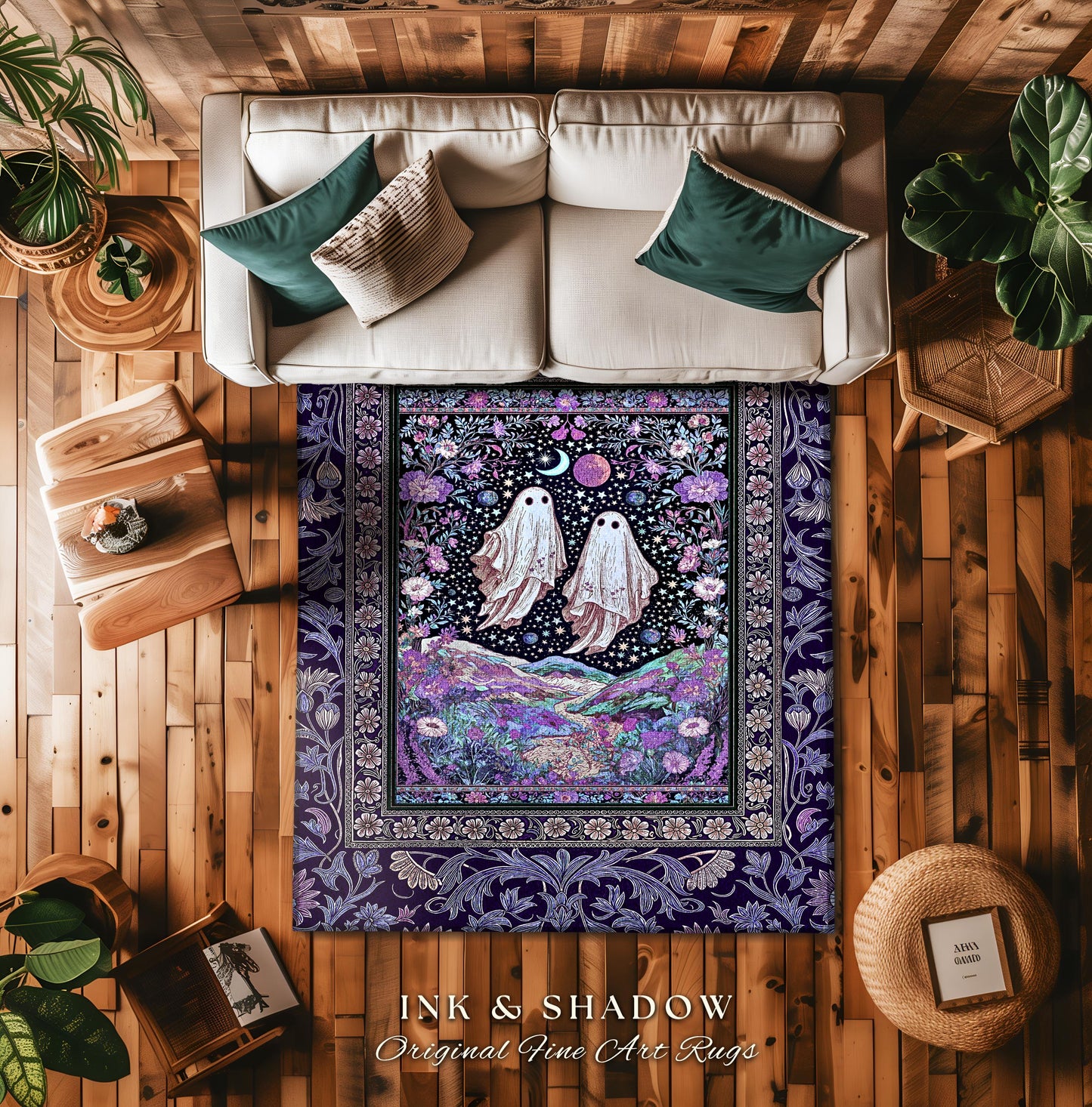 Cosmic Purple Ghost Landscape Rug | Ethereal Landscape Whimsical Accent Rug Cottagecore Halloween Bedroom Fairycore Aesthetic Floral Decor |