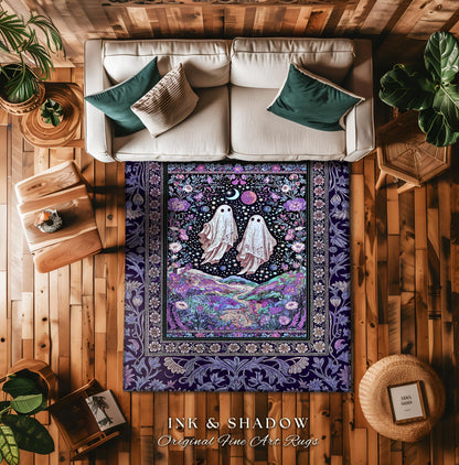 Cosmic Purple Ghost Landscape Rug | Ethereal Landscape Whimsical Accent Rug Cottagecore Halloween Bedroom Fairycore Aesthetic Floral Decor |