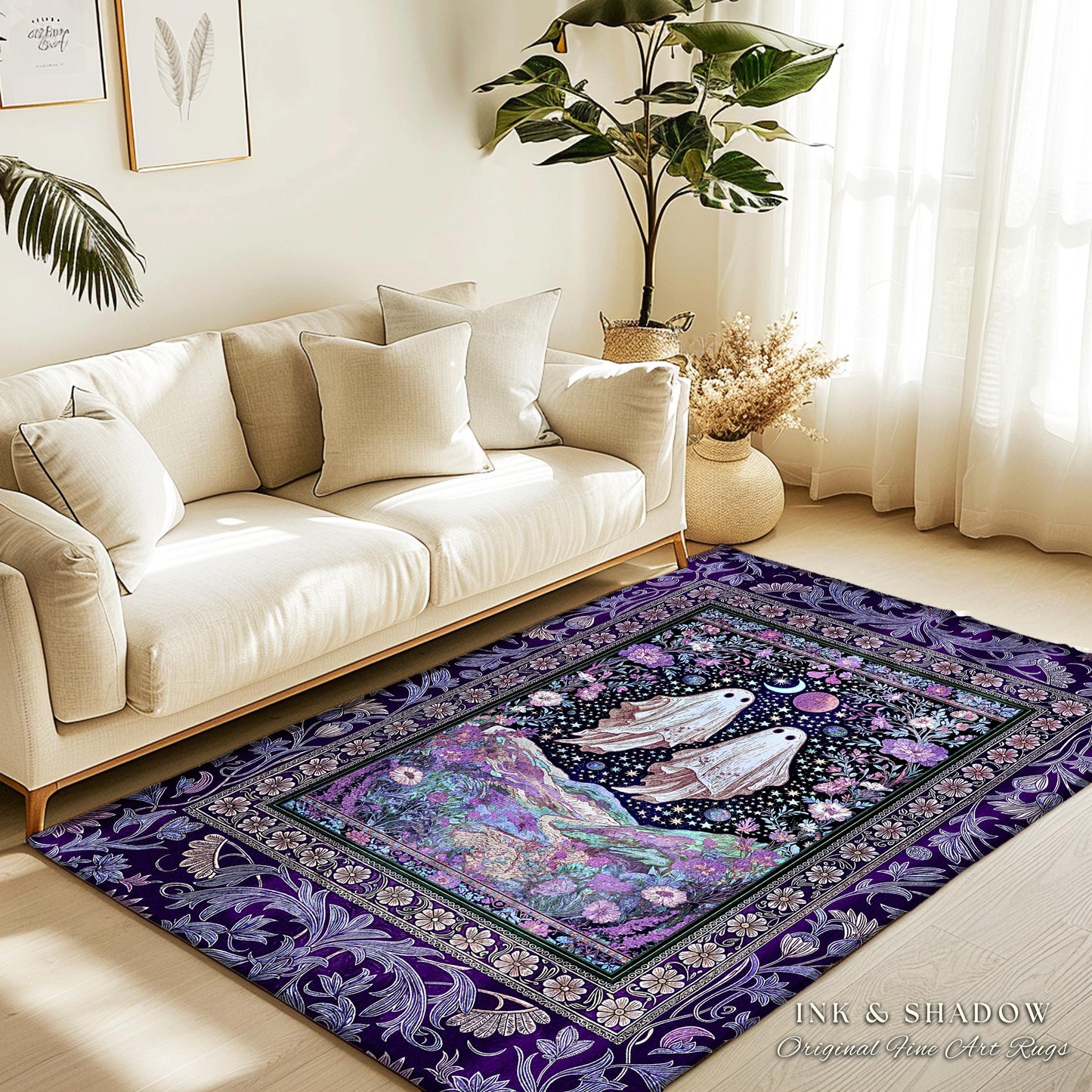 Cosmic Purple Ghost Landscape Rug | Ethereal Landscape Whimsical Accent Rug Cottagecore Halloween Bedroom Fairycore Aesthetic Floral Decor |