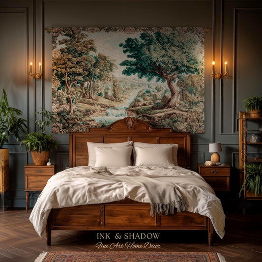 Scenic Countryside Woodland Wall Art River Tapestry | European Landscape Vintage Forest Woven Throw French Verdure Tranquil Nature Decor