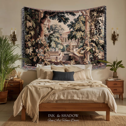 Neoclassical Estate Old World Tapestry | European Garden Formal Wall Art Lush Manor Woven Throw Blanket Italian Landscape Verdure Scenery