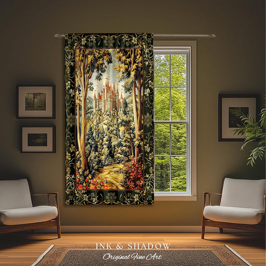 May include: A tapestry featuring a medieval castle nestled in a lush green forest. The castle is surrounded by trees and a winding path. The tapestry has a dark green border with intricate floral designs.