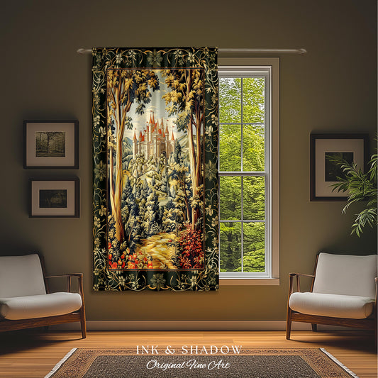 May include: A tapestry featuring a medieval castle nestled in a lush green forest. The castle is surrounded by trees and a winding path. The tapestry has a dark green border with intricate floral designs.