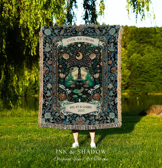 Personalized Cottagecore Frog Couple Throw | Woodland Wedding Dark Fairycore Custom Names Mystic Theme Tapestry Goblincore Whimsical Style |