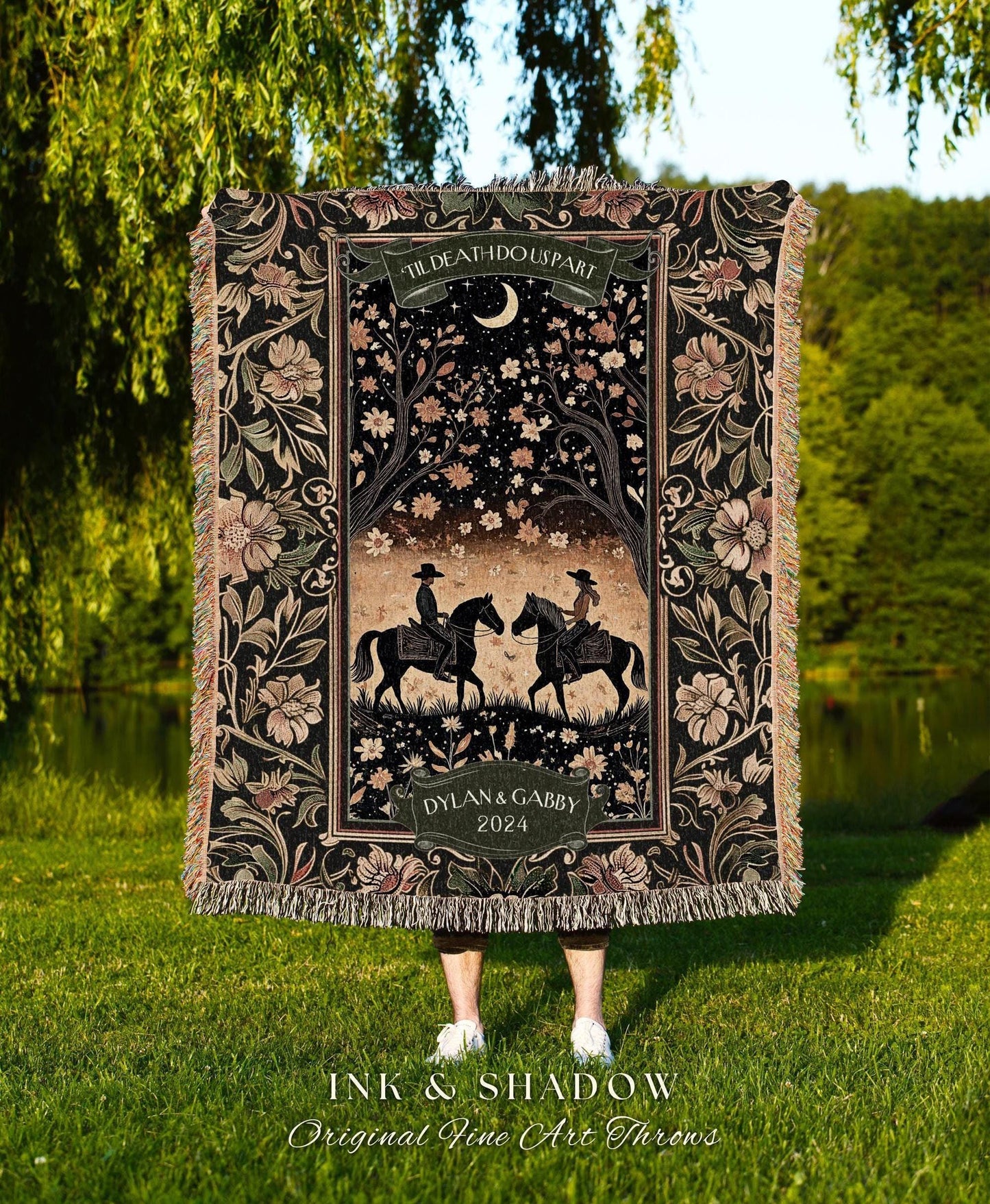 May include: A decorative throw blanket with a black background and floral border. The center features two riders on horseback under a crescent moon and the text "TIL DEATH DO US PART". The blanket also includes the names "DYLAN & GABBY" and the year "2024".
