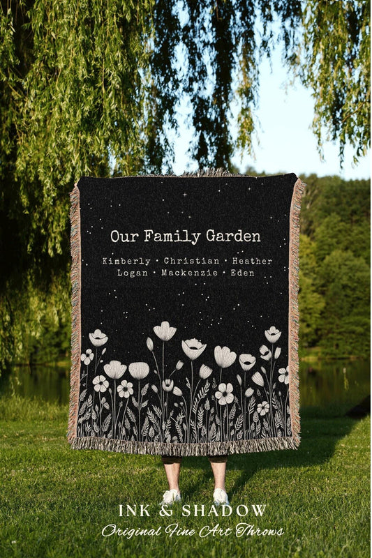 Family Garden Blanket Woven | Personalized Last Name Tapestry Custom Gift for Mom Sentimental Family Heirloom
