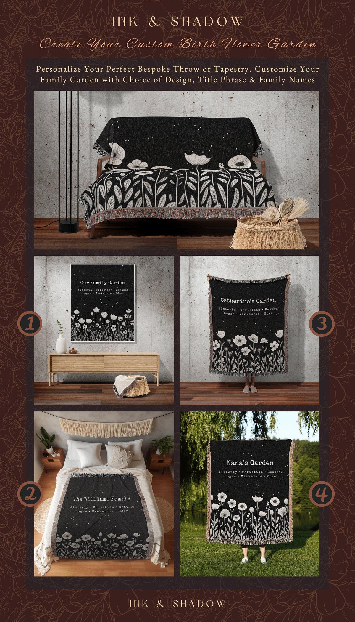 Family Garden Blanket Woven | Personalized Last Name Tapestry Custom Gift for Mom Sentimental Family Heirloom