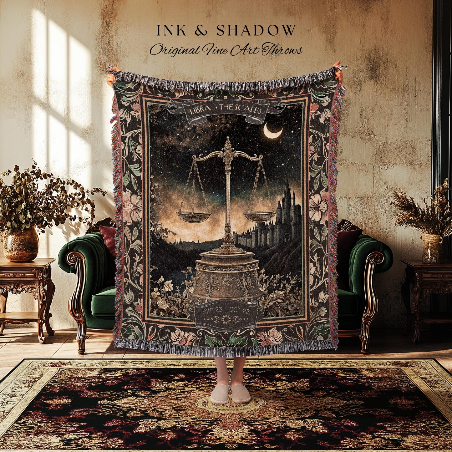 Rustic Libra Astrology Blanket The Scales Zodiac Constellation Tapestry Throw | Folklore Celestial Art Moody Starry Night Sky Landscape Gift