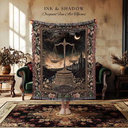 Rustic Libra Astrology Blanket The Scales Zodiac Constellation Tapestry Throw | Folklore Celestial Art Moody Starry Night Sky Landscape Gift