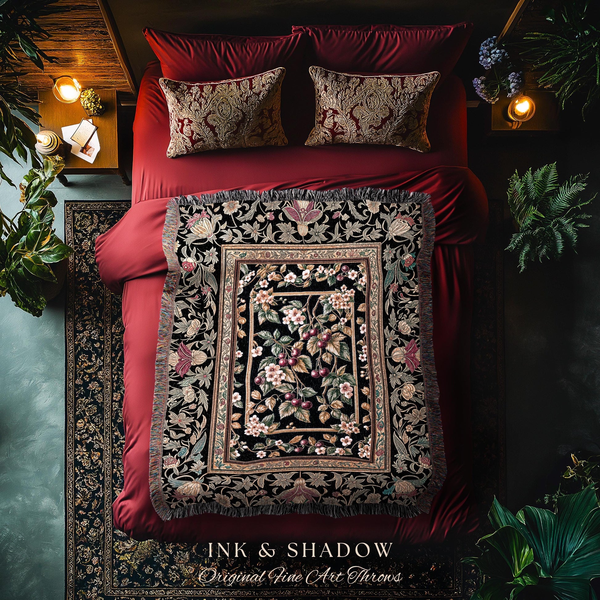 Mystic Baroque Cherry Garden Throw Blanket | Ornate Botanical Design Romantic Fruit Pattern Gothic Nature Style Rococo Floral Woven Tapestry