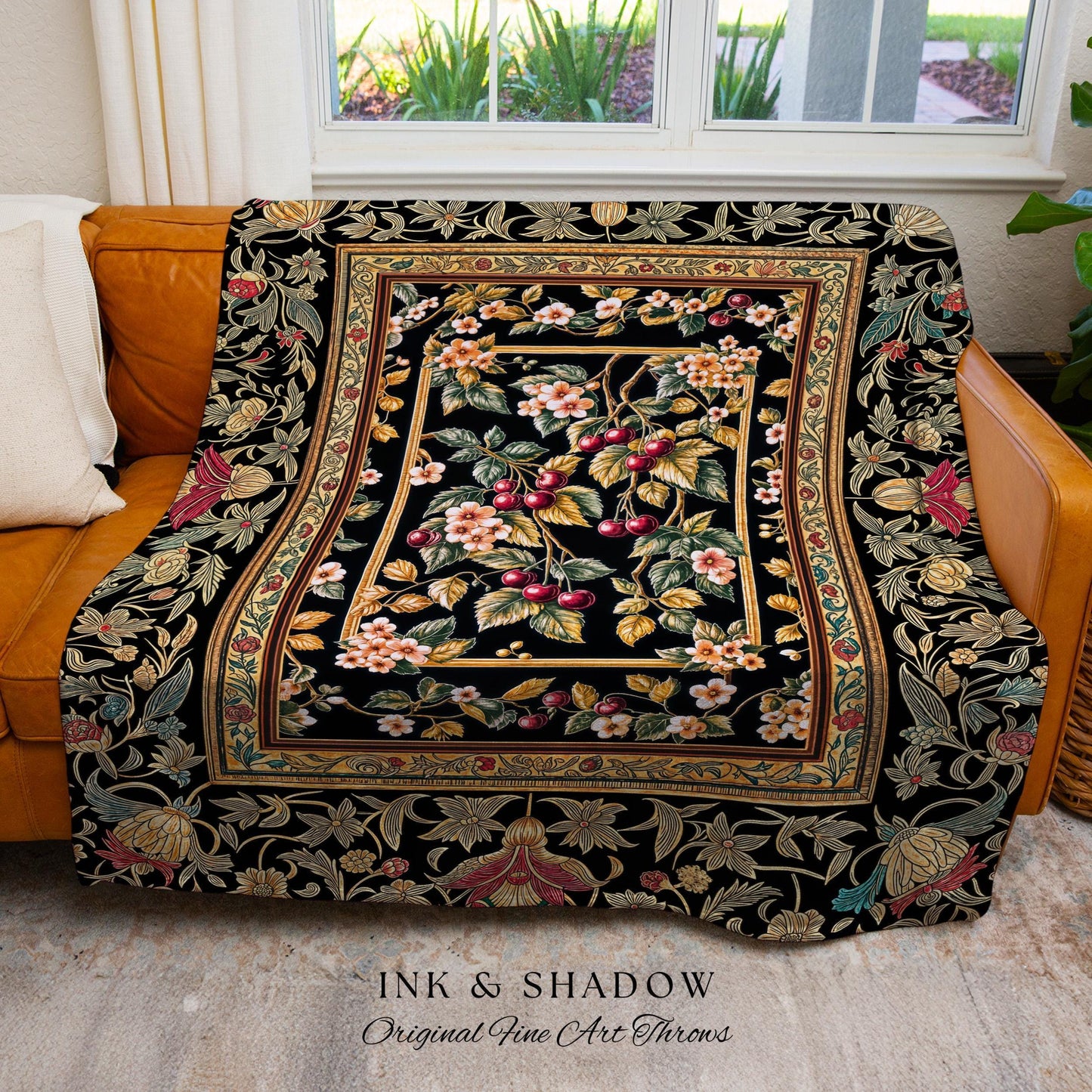 Mystic Baroque Cherry Garden Throw Blanket | Ornate Botanical Design Romantic Fruit Pattern Gothic Nature Style Rococo Floral Woven Tapestry