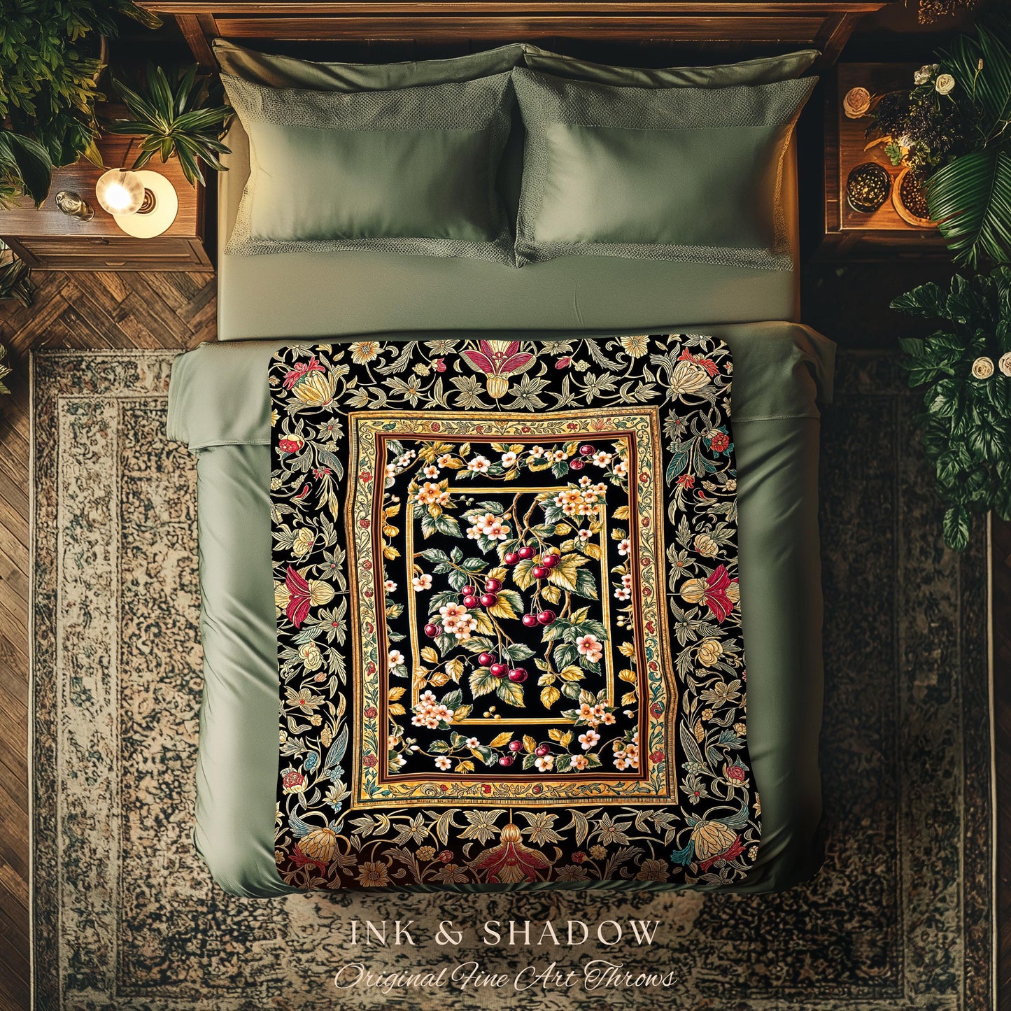 Mystic Baroque Cherry Garden Throw Blanket | Ornate Botanical Design Romantic Fruit Pattern Gothic Nature Style Rococo Floral Woven Tapestry