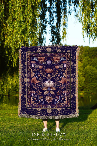 Enchanted Fall Pumpkin Whimsical Floral Blanket | Dark Cottagecore Moody Botanical Art Purple Pumpkin Tapestry Whimsigothic Fairycore Decor