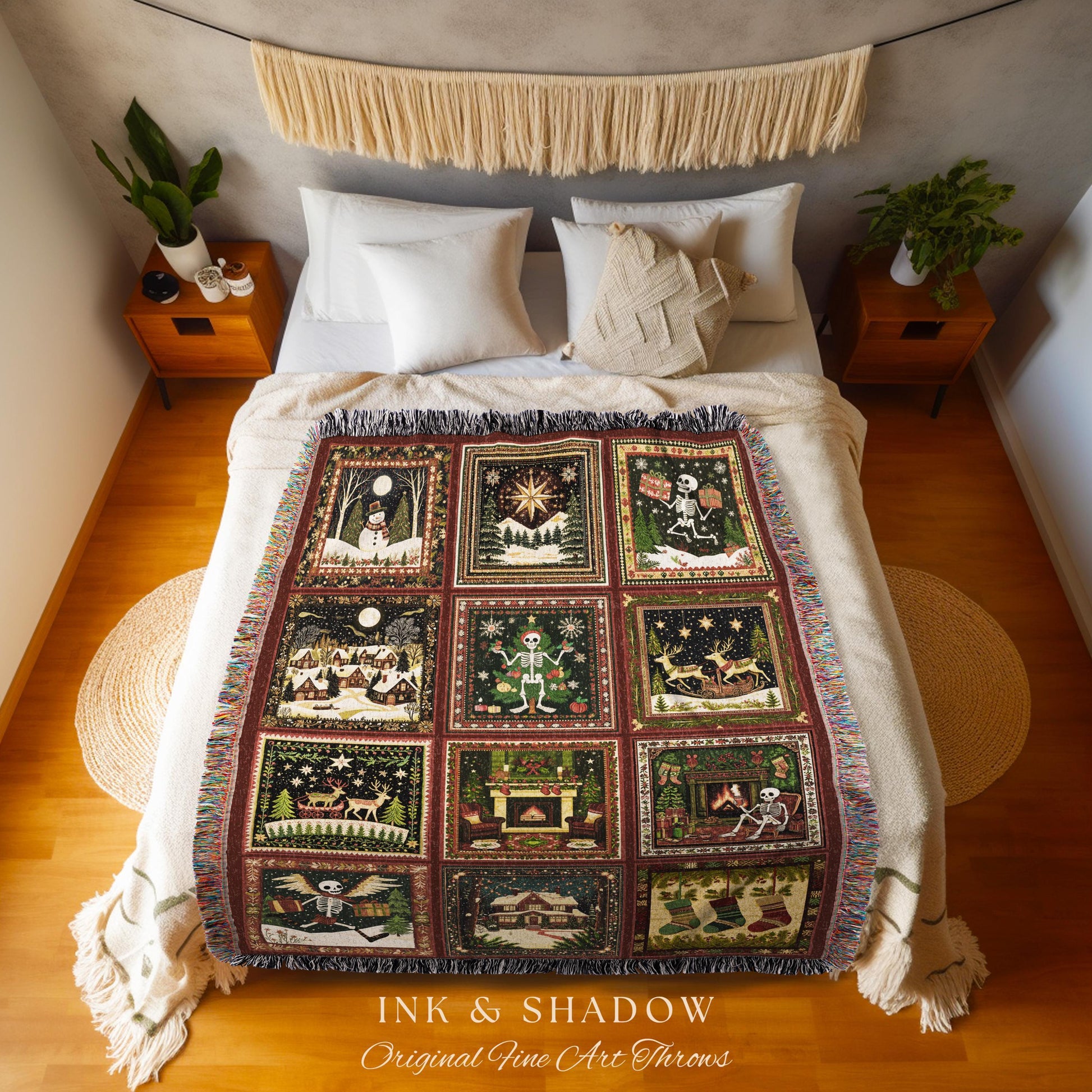 Spooky Christmas Skeleton Throw Blanket | Cute Holiday Woven Tapestry Boho Festive Aesthetic Whimsical Xmas Present Witchy Winter Theme |
