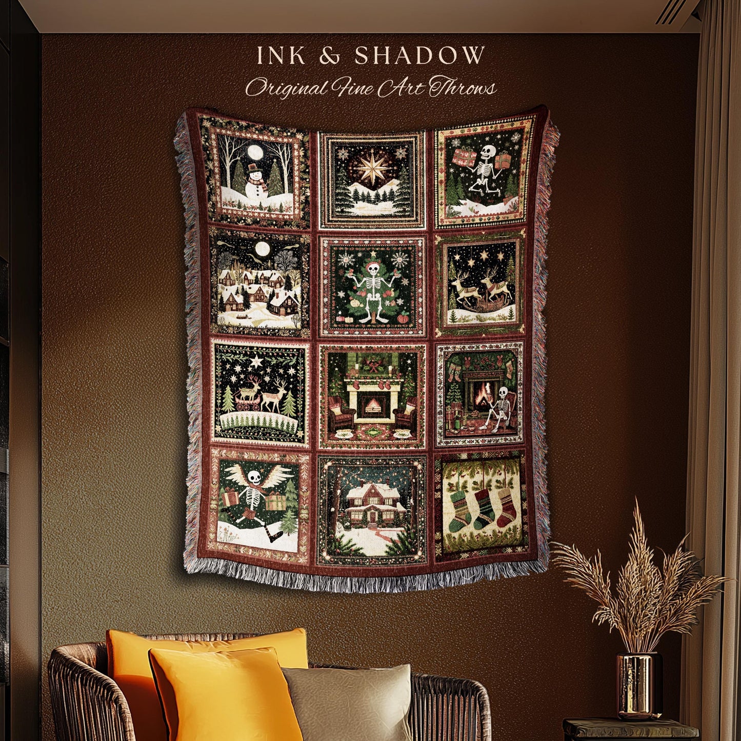 Spooky Christmas Skeleton Throw Blanket | Cute Holiday Woven Tapestry Boho Festive Aesthetic Whimsical Xmas Present Witchy Winter Theme |