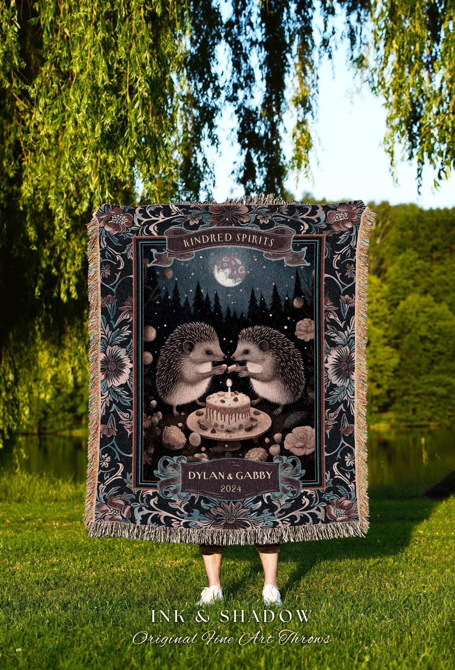 Kindred Spirits Custom Couple Moonlit Forest Hedgehog Lovers Blanket, Mystical Woodland Wedding Cute Anniversary Personalized Tapestry Throw