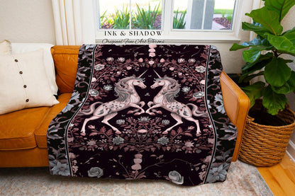 Dark Fairytale Unicorn Throw Blanket | Whimsical Fairycore Woven Tapestry Blanket Victorian Gothic Floral Decor Baroque Romantic Mystic Cute