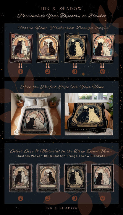 The Lovers Tarot Custom Cat Couple Tarot Tapestry Personalized Anniversary Gift Celestial Art Nouveau Aesthetic Custom Couples Cat Blanket