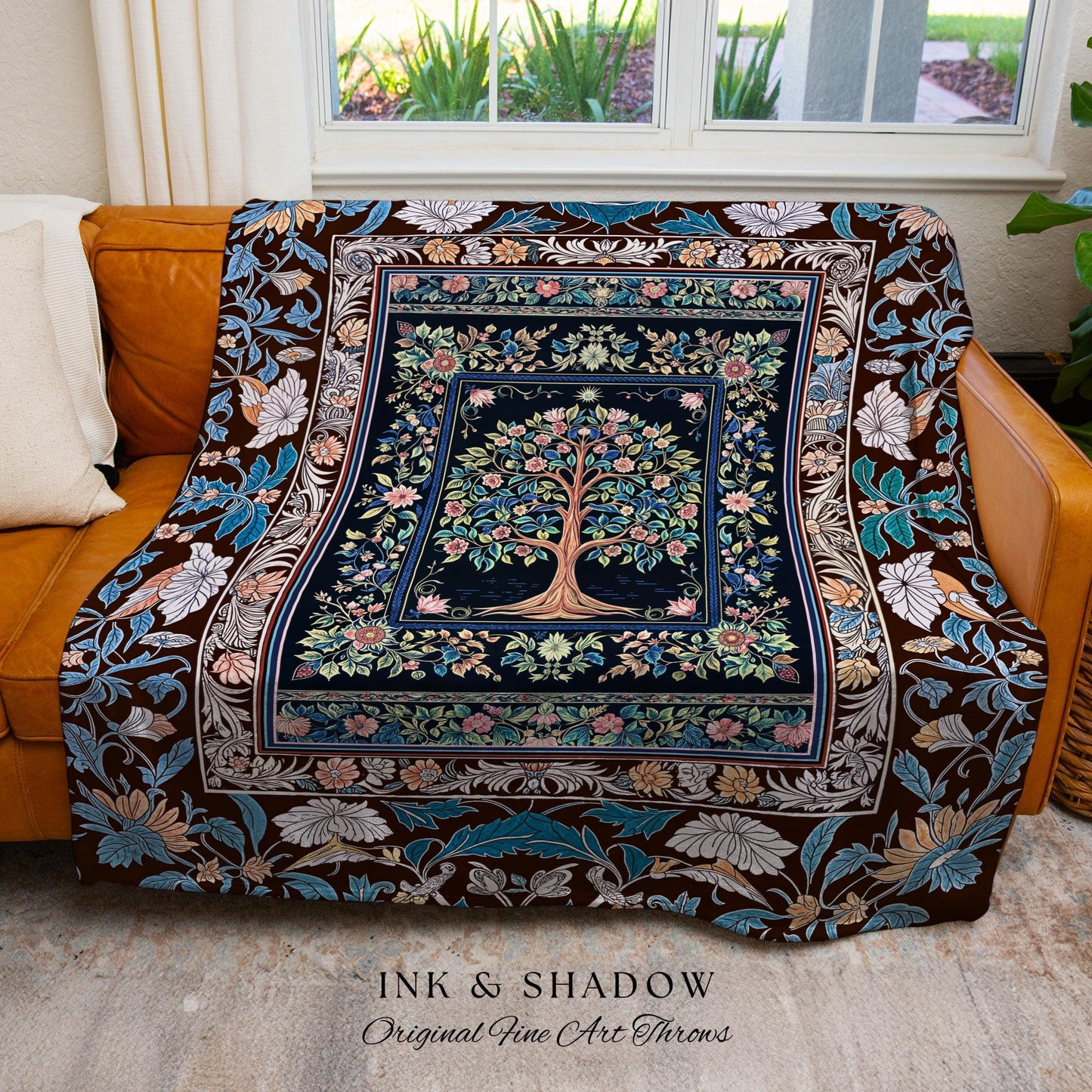 Ornate Grove Tree of Life Tapestry Blanket Jacquard Woven Coverlet