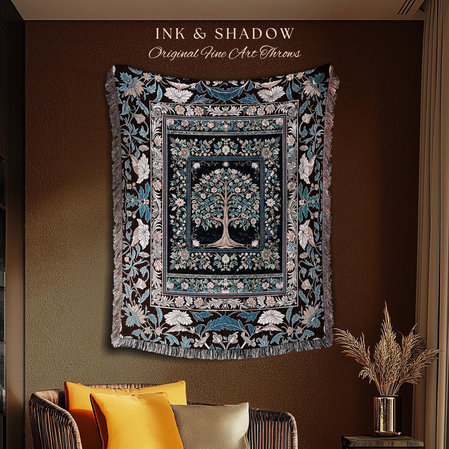 Ornate Grove Tree of Life Tapestry Blanket Jacquard Woven Coverlet