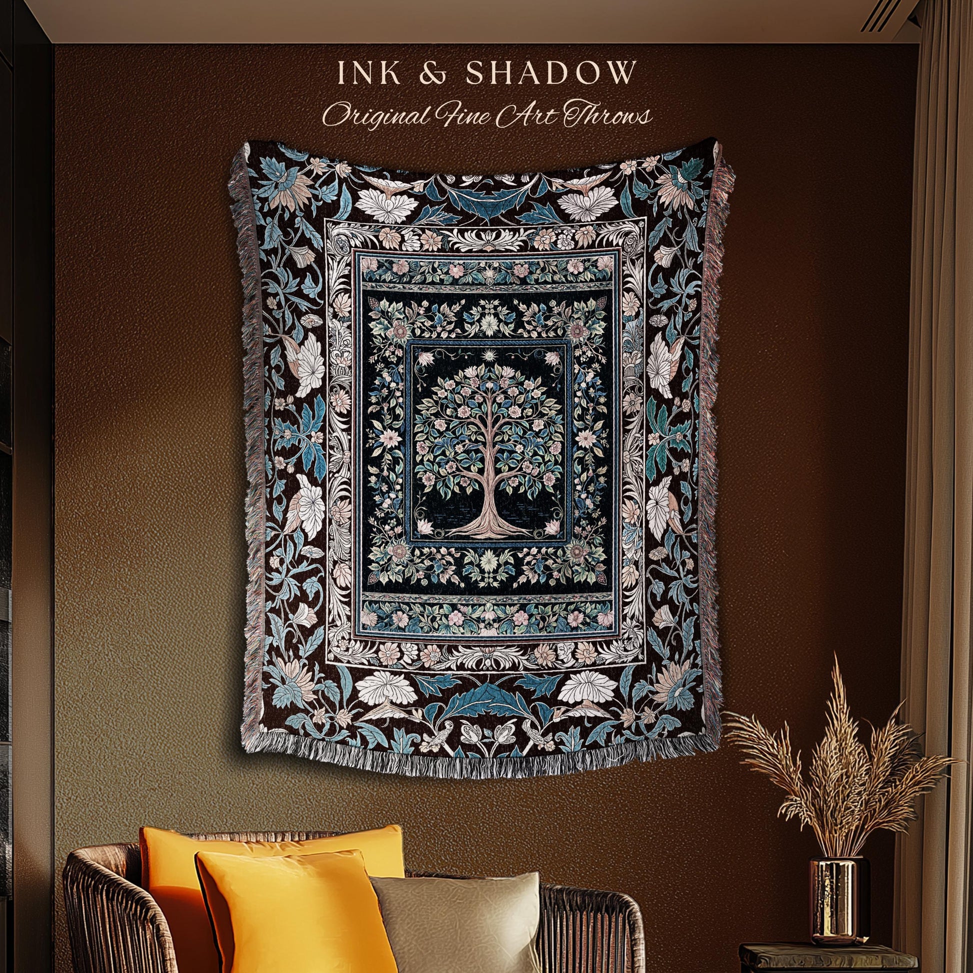 Ornate Grove Tree of Life Tapestry Blanket Jacquard Woven Coverlet