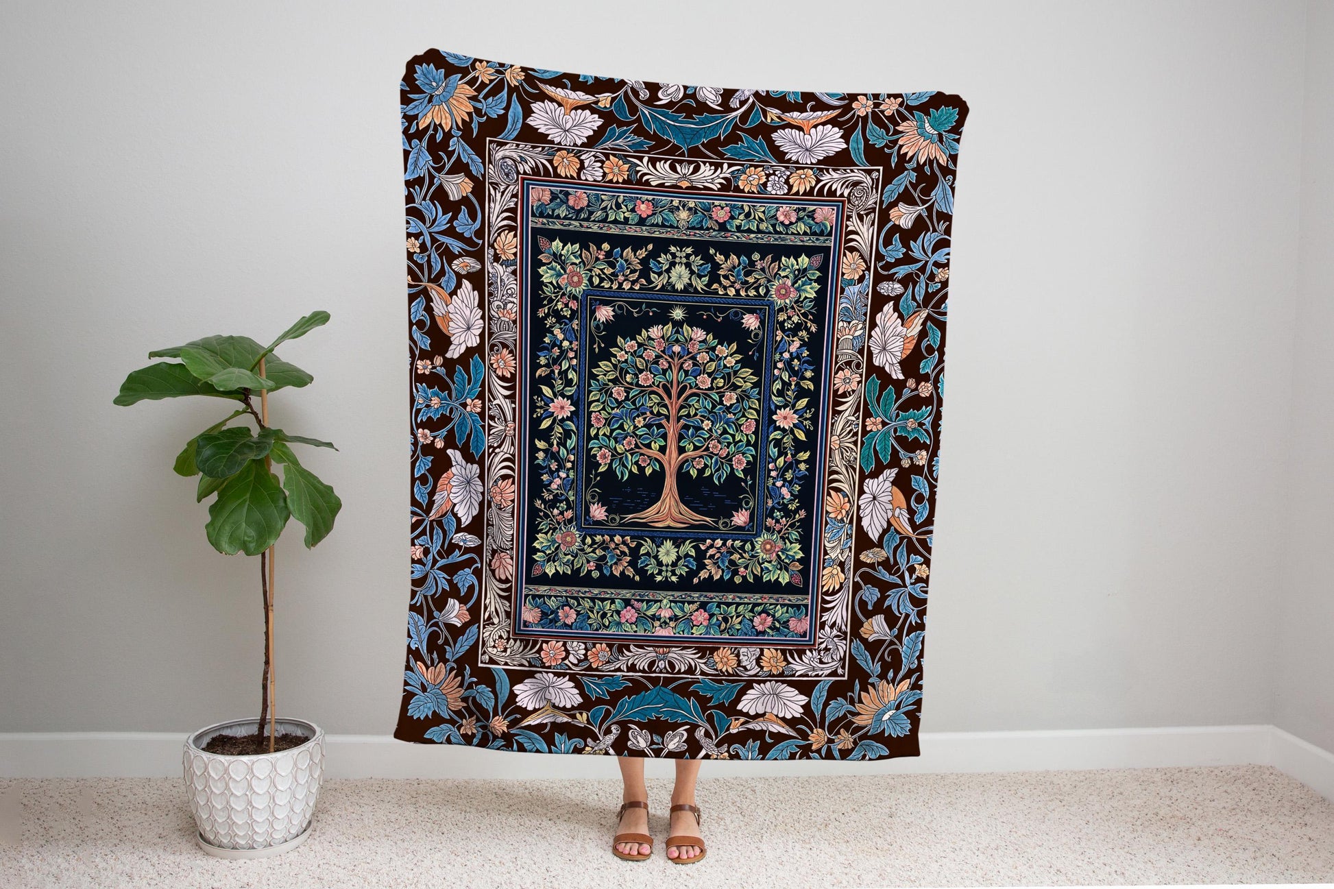 Ornate Grove Tree of Life Tapestry Blanket Jacquard Woven Coverlet