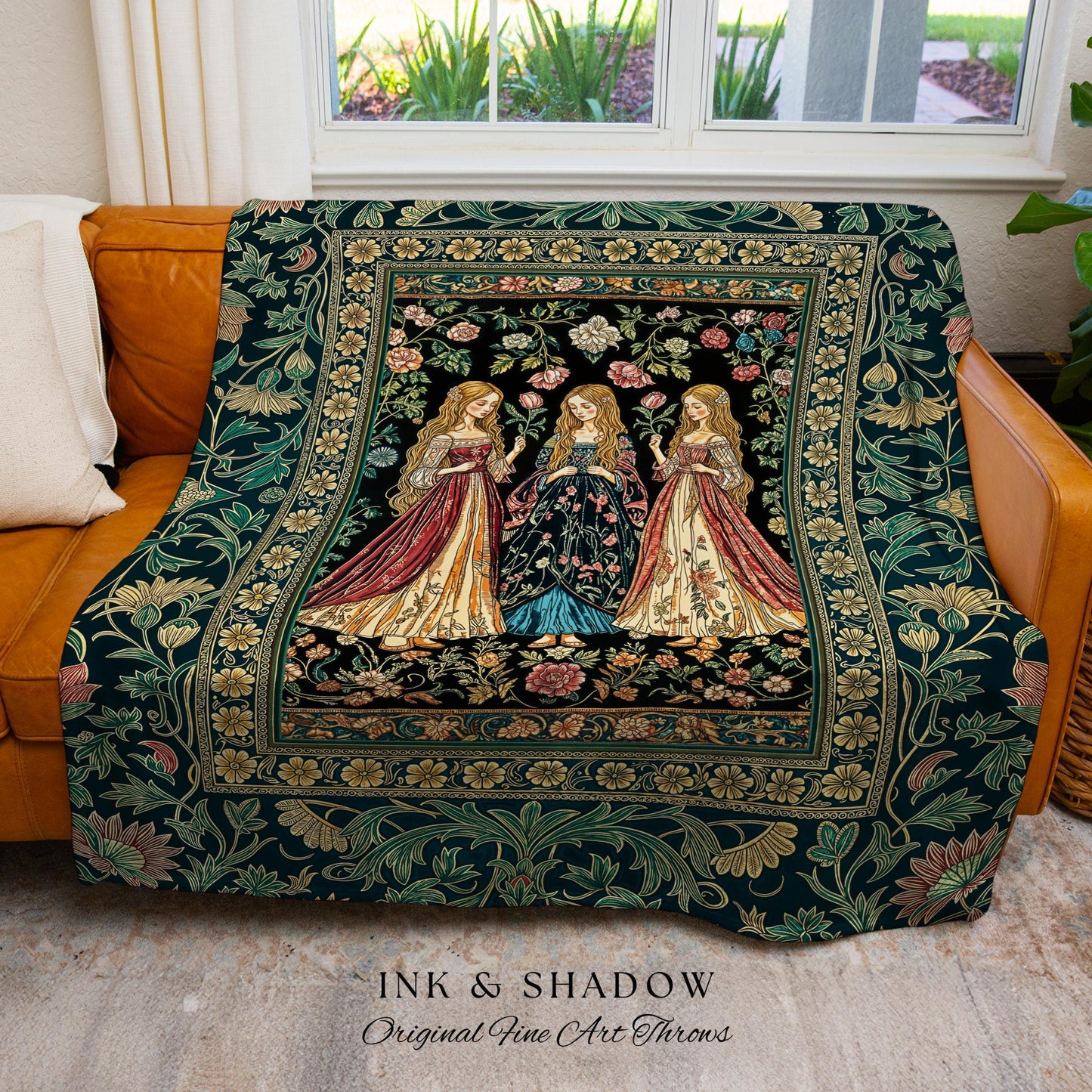 Three Maidens Whimsical Garden Folklore Tapestry Throw Romantic Botanical Cottagecore, Vintage Victorian Floral Fairytale Woven Wall Artwork