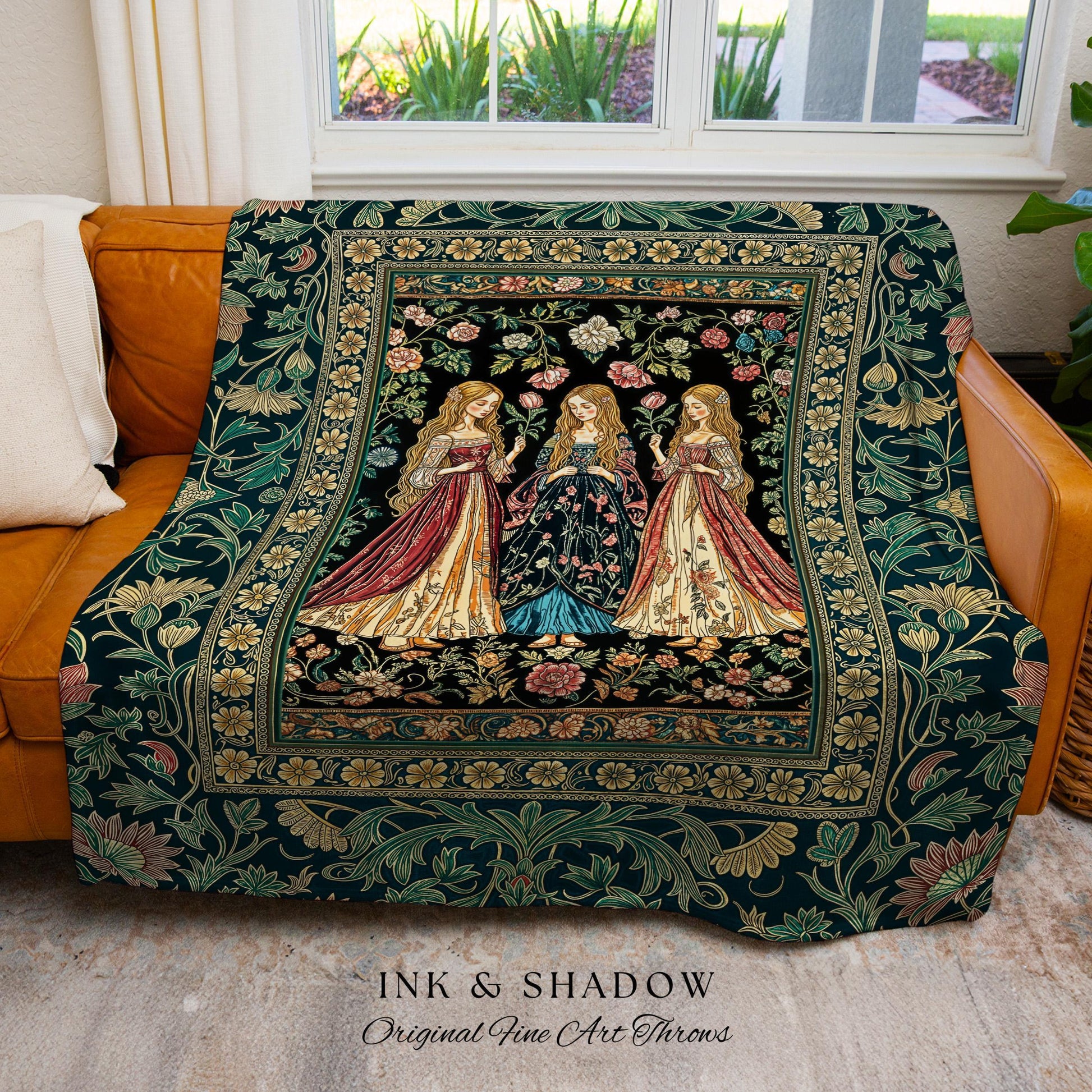 Three Maidens Whimsical Garden Folklore Tapestry Throw Romantic Botanical Cottagecore, Vintage Victorian Floral Fairytale Woven Wall Artwork