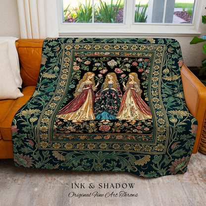 Three Maidens Whimsical Garden Folklore Tapestry Throw Romantic Botanical Cottagecore, Vintage Victorian Floral Fairytale Woven Wall Artwork