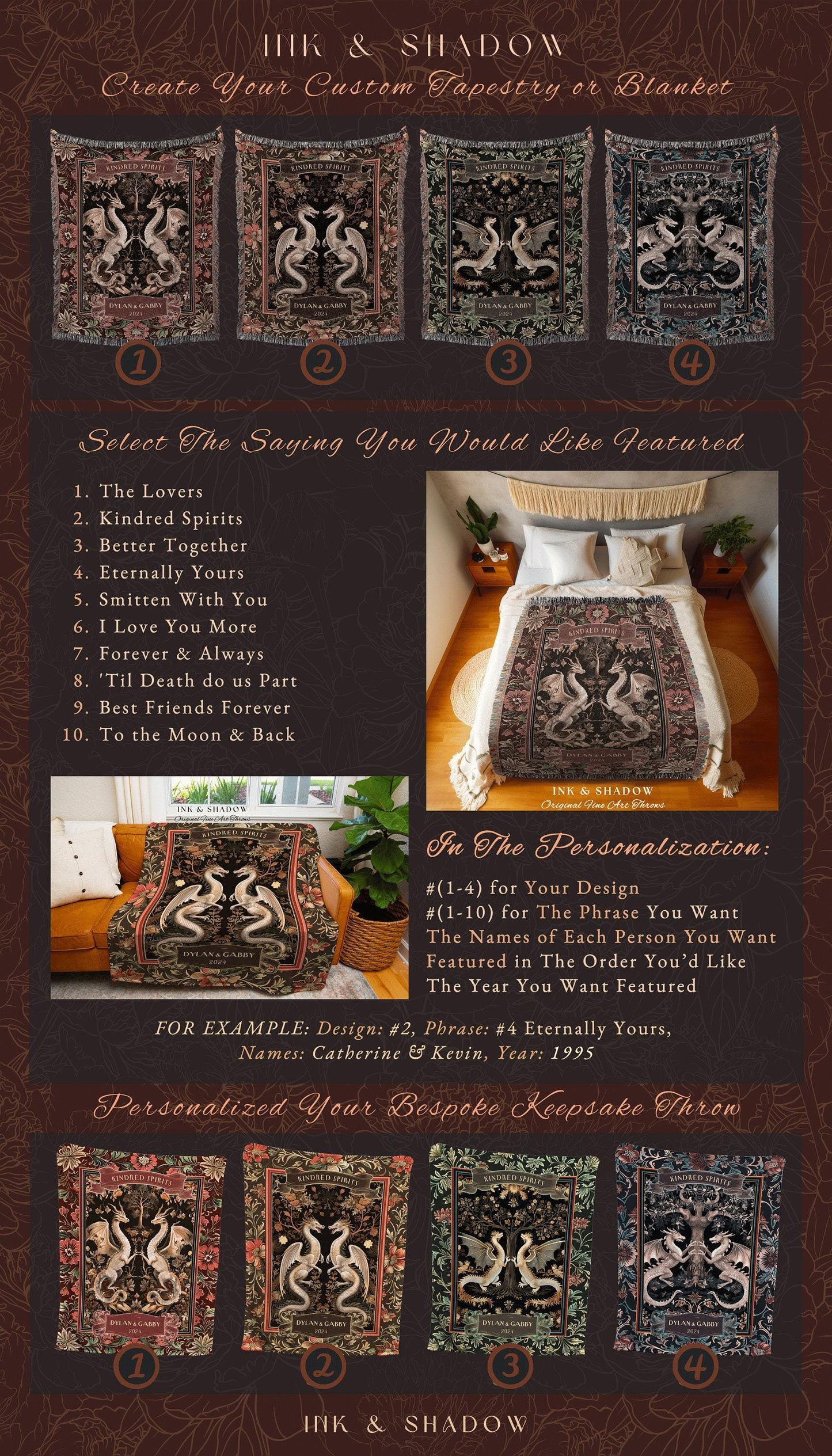 Gothic Dragon Couple Custom Tapestry Blanket | Personalized Names Dragon Lover Gift for Wedding Anniversary Gift for Husband Magical Decor |