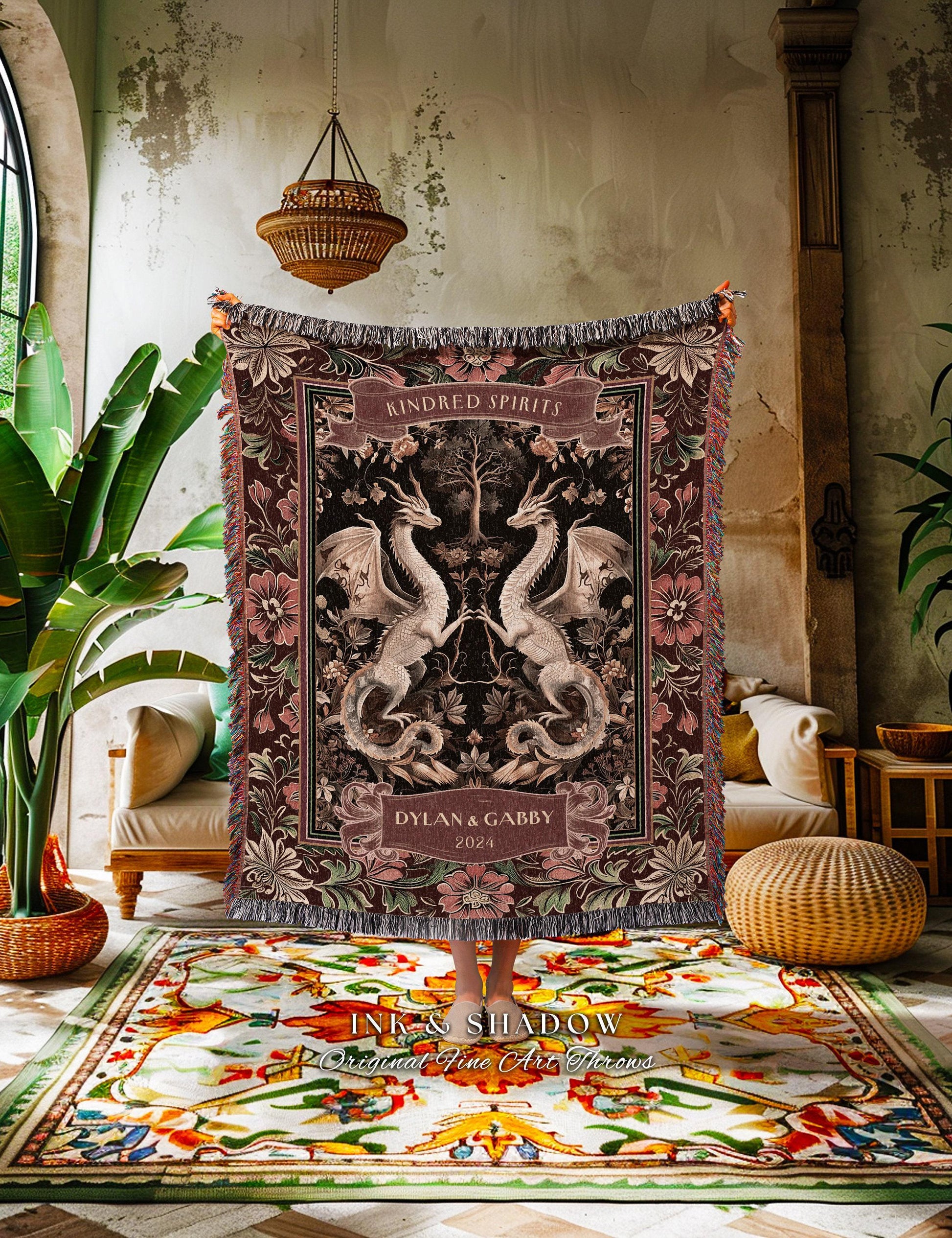 Gothic Dragon Couple Custom Tapestry Blanket | Personalized Names Dragon Lover Gift for Wedding Anniversary Gift for Husband Magical Decor |