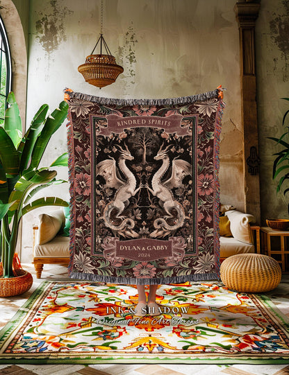 Gothic Dragon Couple Custom Tapestry Blanket | Personalized Names Dragon Lover Gift for Wedding Anniversary Gift for Husband Magical Decor |