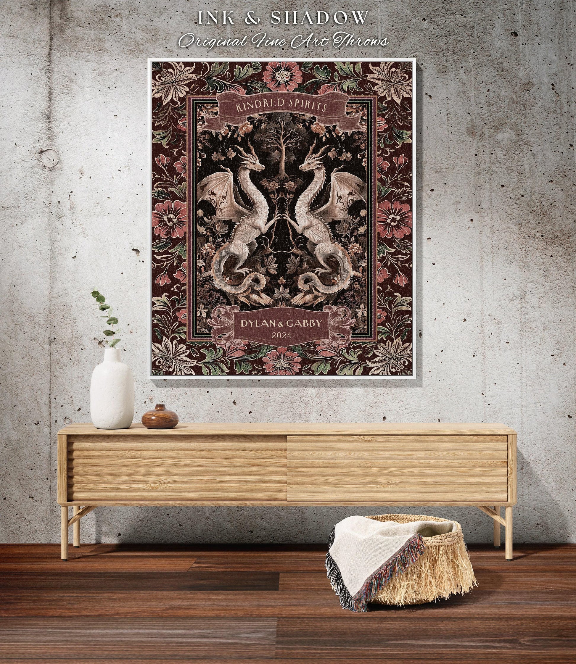 Gothic Dragon Couple Custom Tapestry Blanket | Personalized Names Dragon Lover Gift for Wedding Anniversary Gift for Husband Magical Decor |