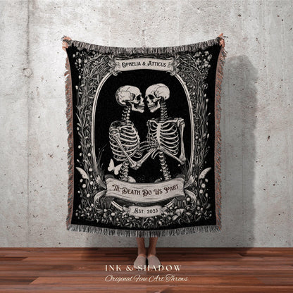 Gothic Skeleton Tapestry Custom | Personalized Wedding Blanket Spooky Halloween Skeleton Tapestry His & Hers Anniversary Gift for Girlfriend