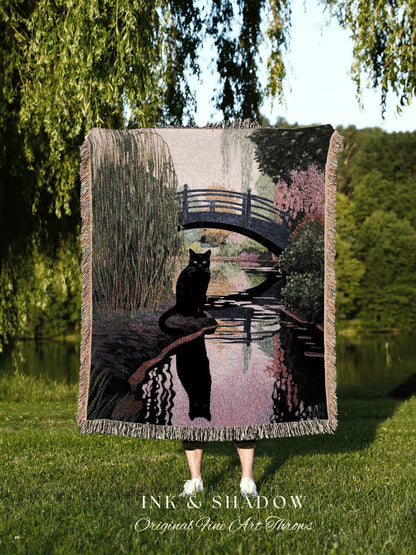 Black Cat Tapestry Landscape Blanket Woven Art Claude Monet Bridge Over a Pond of Water Lilies | Black Cat Art Tapestry Monet Inspired Art |