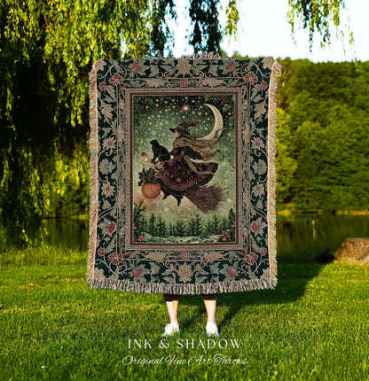 Celestial Moon Whimsical Witch Blanket | Gothic Folk Decor Woven Tapesrty Magic Broomstick Black Cat Art Dark Academia Botanical Witchcore