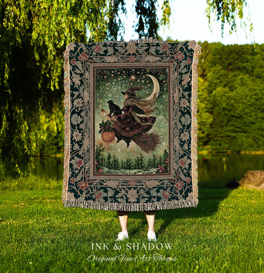 Celestial Moon Whimsical Witch Blanket | Gothic Folk Decor Woven Tapesrty Magic Broomstick Black Cat Art Dark Academia Botanical Witchcore