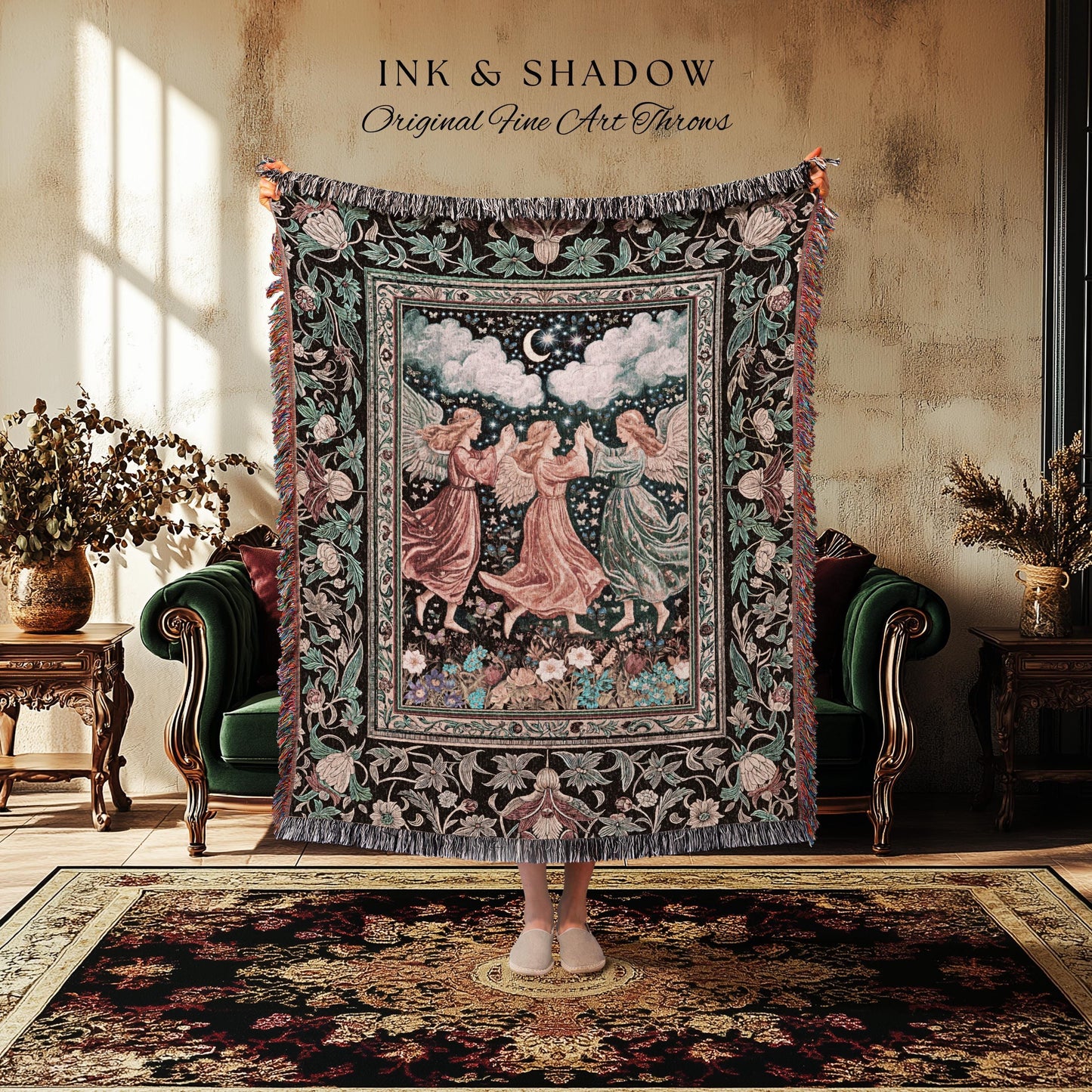 Medieval Pastel Angels Throw Blanket | Whimsical Fairytale Folklore Woven Tapestry Dark Academia Aesthetic Enchanted Cottagecore Ethereal |