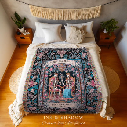 Custom Names Skeleton Couple Floral Throw | Baroque Aesthetic Renaissance Personalized Gothic Fairytale Magic Royal Theme Wedding Celestial