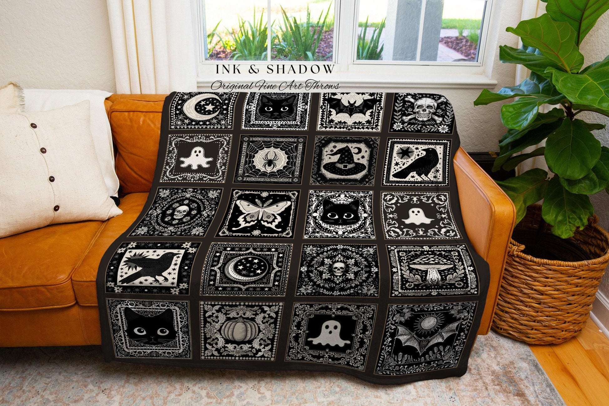 Witchy Woven Cotton Throw Spooky Creepy Witch Blanket Cute Halloween Tapestry Scary Spooky Season Nights Gift for Goths Dark Aesthetic Decor