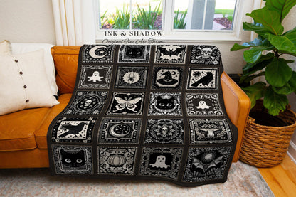 Witchy Woven Cotton Throw Spooky Creepy Witch Blanket Cute Halloween Tapestry Scary Spooky Season Nights Gift for Goths Dark Aesthetic Decor