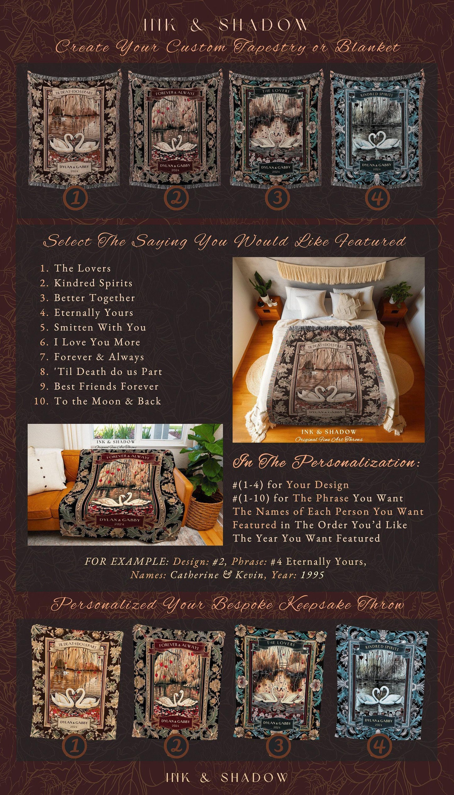 Dark Romantic Couple Blanket Custom Throw | Victorian Gothic Swan Couple Personalized Wedding Gift for Partner His & Her Wedding Anniversary