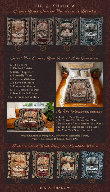 Dark Romantic Couple Blanket Custom Throw | Victorian Gothic Swan Couple Personalized Wedding Gift for Partner His & Her Wedding Anniversary